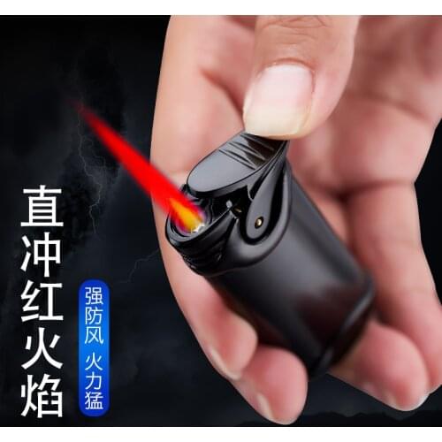 Cool creative personality red flame butane lighter straight-in flashlight lighter metal windproof smoking accessories men gift