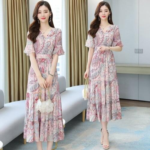 Summer Plus Size Bodycon Midi Sundress Women Elegant Party Pink Vestidos 2021 Print Chiffon Short Sleeve Boho Beach Maxi Dresses