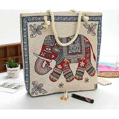 Single-sided Burmese and Thailand tourist attractions shoulder bag thick rope embroidery linen bag ethnic style Xishuangbanna To
