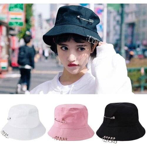 2021 Fashion Harajuku Black Womens Bucket Hat For Men Women Pin Rings Sunhat Mens Fisherman Caps Summer Sun Hats