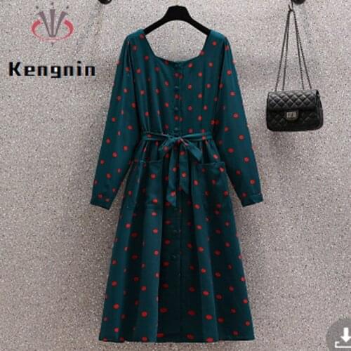 Square Collar Women Dress Spring Autumn Plus Size 4XL Female Vestidos Dot Print Bow Dresses Long Sleeve Green Color Ladies Robe
