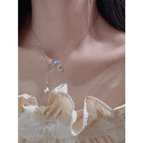 Simple Sweet Moonstone Unicorn silver Plated Necklace Moon Clavicle Chain Personality Temperament For Women Pendant