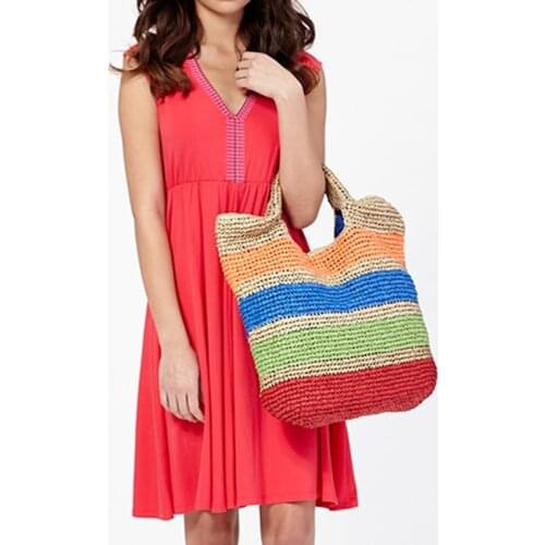 Rainbow Colorful Straw Bags for Women Large Capacity Beach Shoulder Bag Crochet Female Tote Handbag Summer Vacation Shopper New