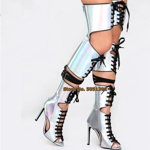 High Thin Heel Over The knee Lace-up Peep Toe Light Metallic Luster Sliver Cross-tied Sandals Boots Dress Fashion Show Shoes
