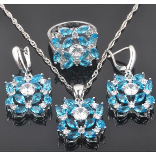 New Perfect Sky Blue Zirconia Womens Silver Color Jewelry Sets Earrings/Pendant/Necklace/Rings Free Shipping QZ0362