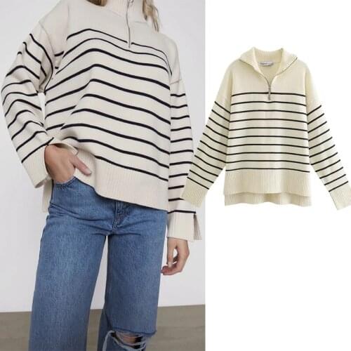 Za 2021 Spring Autumn Women High Collar Stripe Sweaters Pullovers Warm Minimalist Color Matching Knit Shirt Lady Zip Pullover