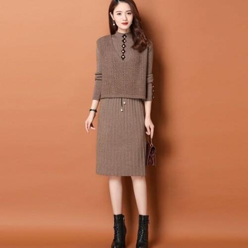 Autumn Korean Knitted 2 Piece Skirt Sets Women Long Sleeve Sweaters + Elastic Midi Skirt Suits Casual Fashion Elegant Set X89
