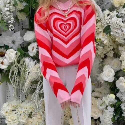Retro Love Heart Sweaters Women Autumn Winter Color Matching Rainbow Pullover Half High Collar Long Sleeve Slim Pink Knit Jumper
