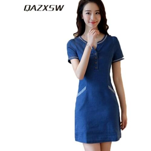 QAZXSW Spring Summer Plus Size Denim Dress For Women 2018 Harajuku Jeans Dress With Button Casual Dress Vestidos Feminino HB661