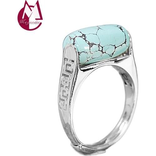 Geometry Inlaid Turquoise Adjustable Finger Ring Real 925 Sterling Silver Fashion Vintage Jewelry Women 2021 Free Shipping R29