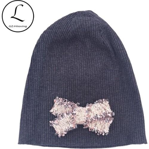 Slouchy Winter Hats Women Ribbed Cotton Beanies For Ladies Autumn Ribbon Bow Stretch Beanies Skullies Hats Girls Bonnet Gifts