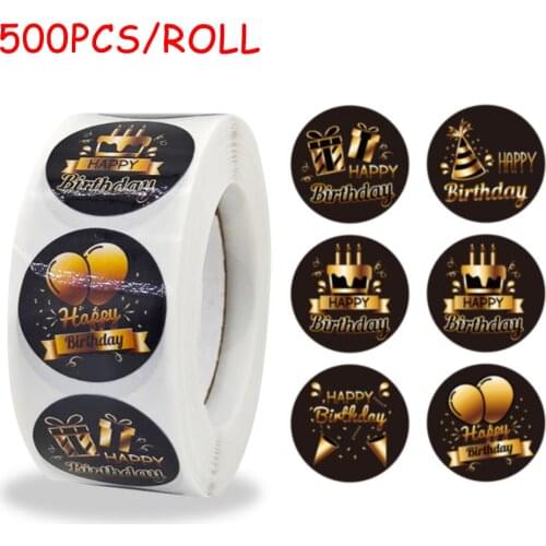 500PCS Black Style Happy Birthday Paper Roll Stickers For Party Gift Packing Sealing Labels Happy Birthday Decorative Stickers
