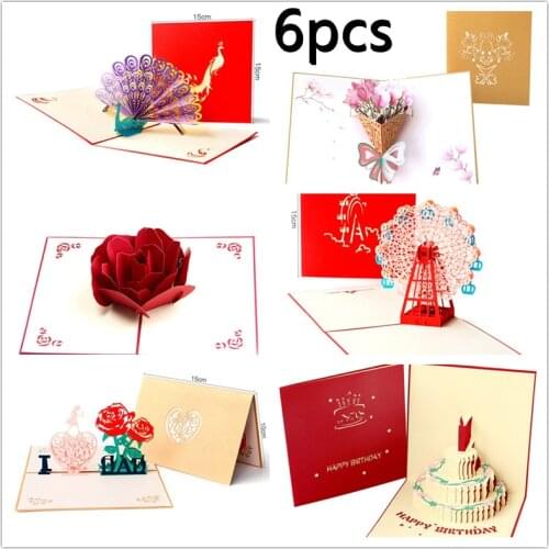 6 Pieces 3D Greeting Cards Pop up Card with Envelope for Christmas Valentine Birthday Anniversary Wedding Mothers Day Gift