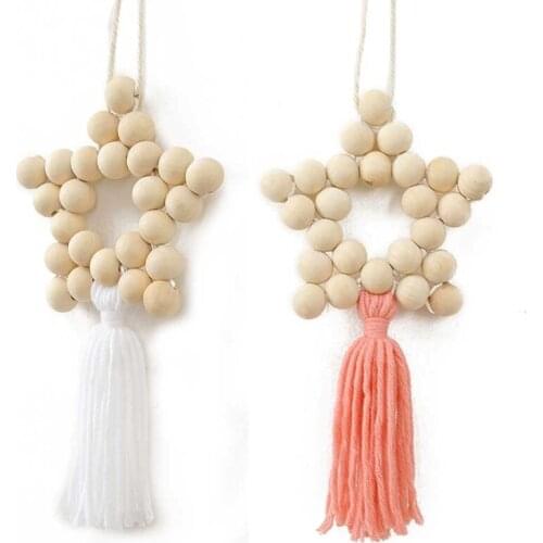 D7YE Nordic Style Wall Hanging Ornament Star Shape Wooden Beads Tassel Pendant Kids Room Decoration Photography Props
