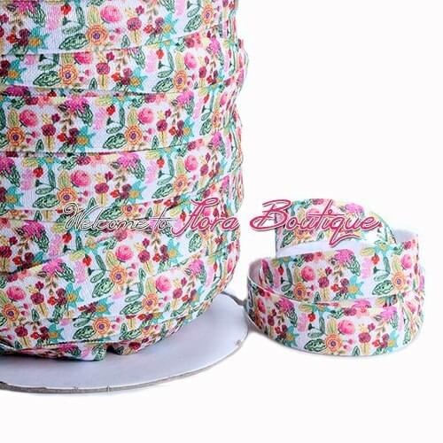 FLRA ElasticNew fold over elastic with flower print, heat transfer elastic ribbons, 100 yards per lot