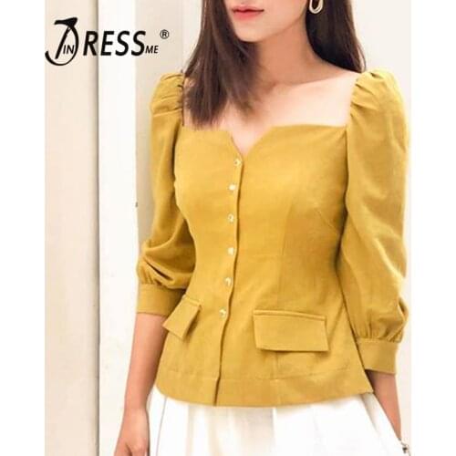 INDRESSME Women Fashion Casual Three Quarter Sleeves Square Neck Button Shirt Slim Top Office Lady Casual Daily Wear 2020 New