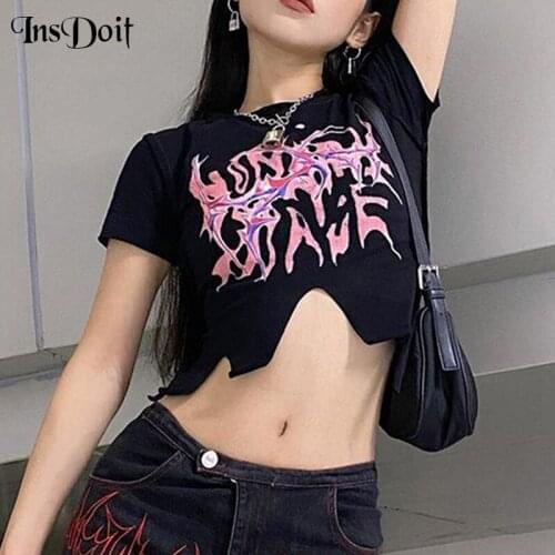 InsDoit Harajuku Gothic Streetwear Black Asymmetric T Shirt Women Print Short Sleeve Crop Top Fashion Split Tees Clubwear Tops