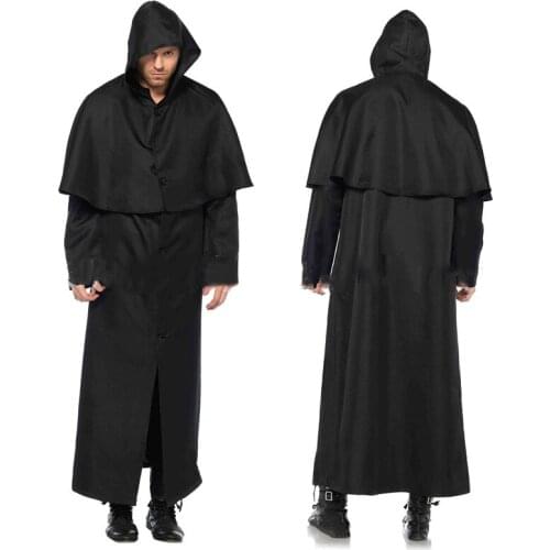 Jemma Leong Witch Wizard Cosplay Halloween Costume For Adult Women Men Medieval Friar Black Robe Priest Ancient Christian Suit