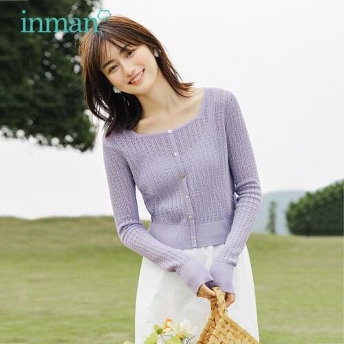 INMAN Autumn Females Top Knitted Sweet Kawaii Girl Ribbed Clothing Pullover Hollow Out Slim Long Sleeve Women Knitwear Cardigan