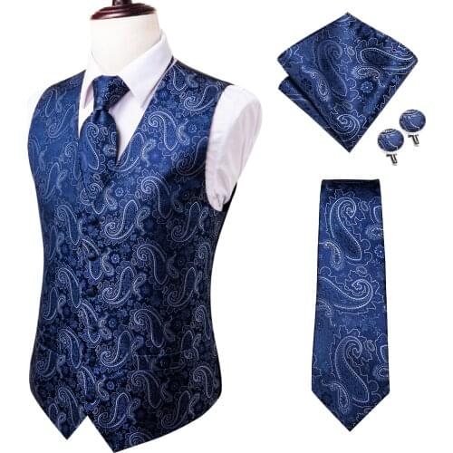 Hi-Tie Navy Lurxury Design Paisley Silk Vest Set For Men Jacquard Mens Suit Vest Male Waistcoat For Dress Wedding Formal Jacket