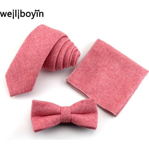 100% Wool Tie Set Mens Ties Bowtie Pocket Square Red Handkerchief 6cm Narrow Ties For Men Suit Shirt Dress Accessories Gravata