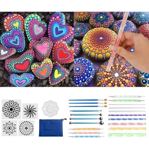 25PCS Mandala Dotting Tools Stencil Set Ball Stylus Outline Brush Tray Paint for Canvas Rocks Crafting Drafting Storage Bag
