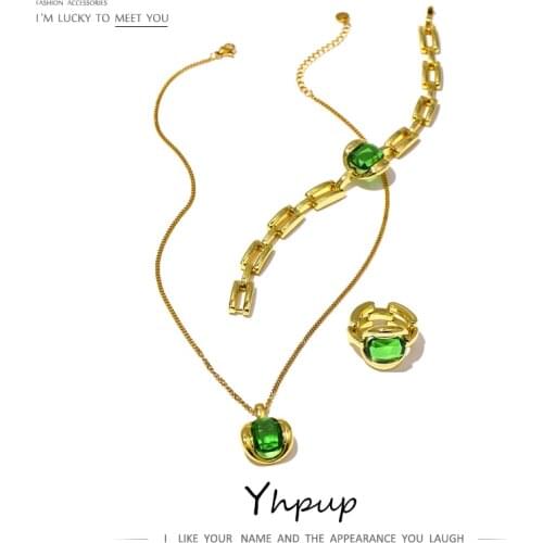 Yhpup Gold Stainless Steel Jewelry Set 2021 Necklace Ring Bracelet Fashion Green Glass Crystal Pendant Chain 18 K Necklace Gift