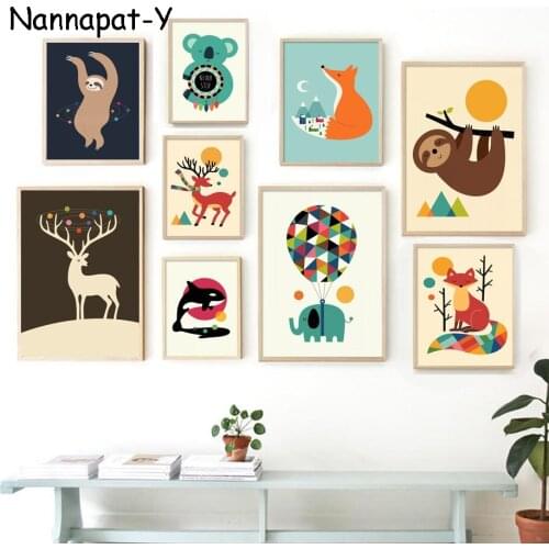Wall Art Canvas Painting Fox Elk Raccoon Koala Animals Art Prints Nordic Posters And Prints Wall Pictures Baby Kids Room Decor
