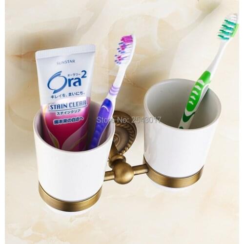 Cup&Tumbler Holders Wall Mounted Antique Bronze Finish Double Ceramic Cup Holder Bathroom Accessories Toothbrush Holder ZR2651