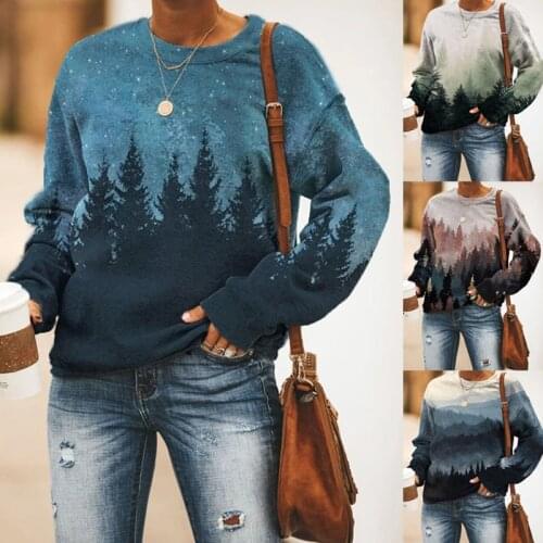 Autumn and Winter Plus Size Long Sleeved Loose Casual Round Neck Forest Print Sweatshirt Women Fashion Tops & Blouses