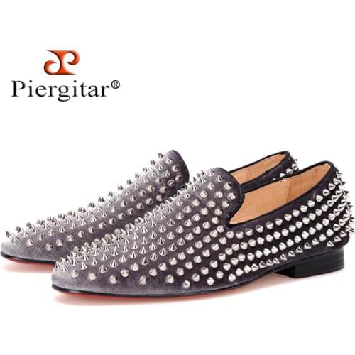 Piergitar 2016 new arrival Gray velvet men handmade shoes with silver rivets Fashion party and wedding men loafers males flats