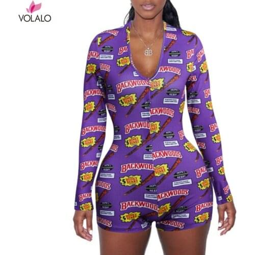 Sexy Women Homewear Bodysuit Long Sleeve Button Deep V Neck Bodycon Stretch Slim Leotard Shorts Pajamas Print Skinny Overalls