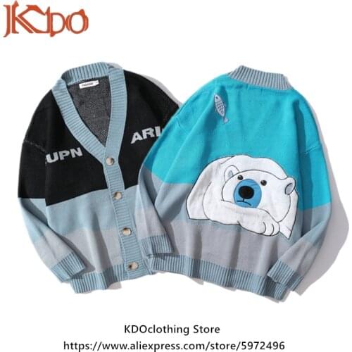 Mens Sweater Spring and Autumn Long-sleeved Cardigan Male Tops Polar Bear Pattern Couple Clothes Trend Blue contrast color XL
