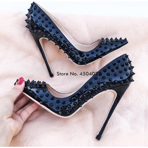 Black Pantent Leather Women Punk Rivets Pointed Toe High Heels Sexy Ladies Spikes Stilettos Pumps Woman Club Party Shoes