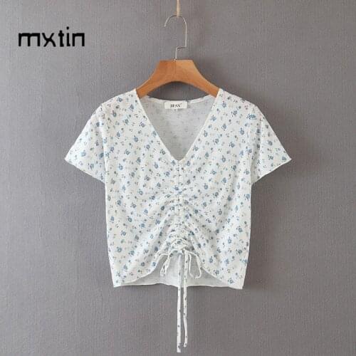 Womens Clothes 2021 Summer T Shirt Women Cute Floral Print Cropped Tops Tees Short Sleeve V-neck Female Ladies shirt
