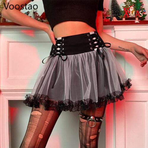 Gothic Lolita Style Mini Skirts Summer Women Harajuku High Waist Lace Ruffles Pleated Skirts Female Sexy Y2K Punk Bandage Skirt
