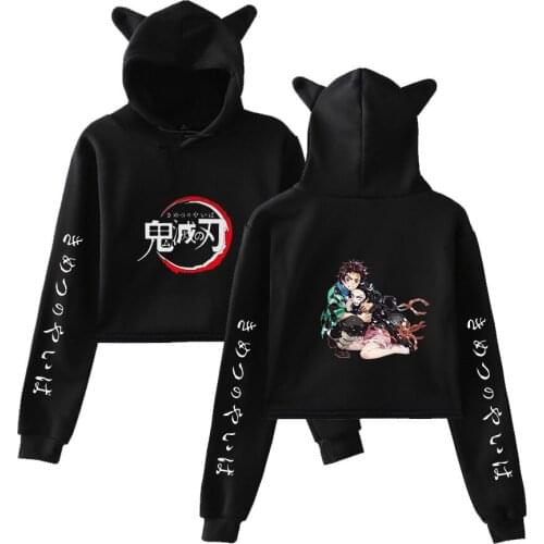 Demons Slayer Sexy Print Hoodies Women 2019 Funny Cat Crop Top Kawaii Hoodies Sweatshirt Kimetsu no Yaiba Clothes Plus Size Tops