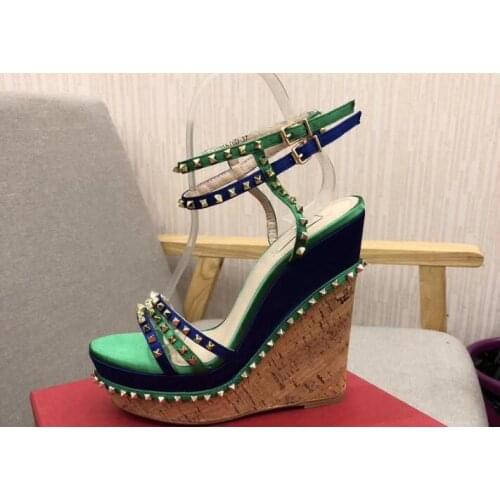 Dipsloot Summer Hot Pink Green Rivet Wedge Sandal Women Open Toe Buckles Strap Platform Super Heels Casual Sandals Shoes
