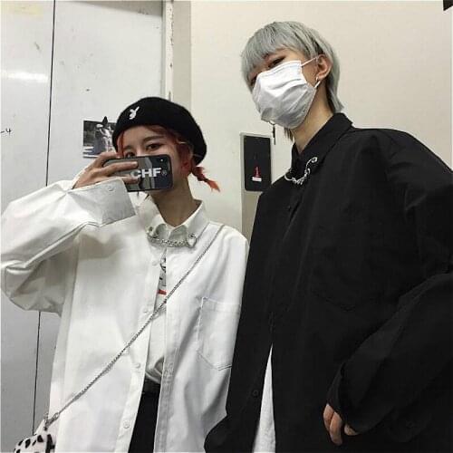 Women Man Blouses New Loose Pockets Long Sleeve England Casual Harajuku Solid Street Fashion Femme Open Shirts Blouses