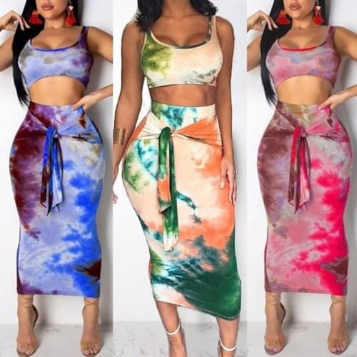 2021 Summer Women Two Piece Set Tie Dye Skirt Set 2 Piece Sexy Streetwear Festival Clothes Tracksuit Outfits Sportswear