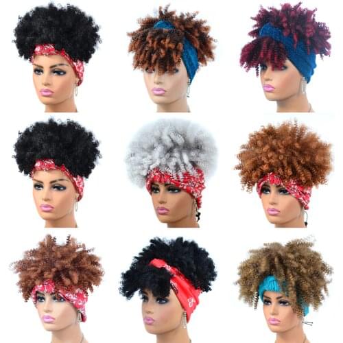 Afro Kinky Curly wigs puff with Headband Wigs synthetic Afro Puff fashion wig with Scarf For Black Women WWM1460