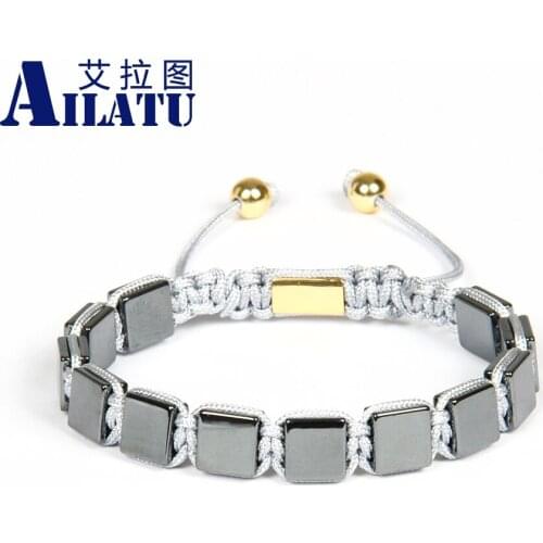 Ailatu Wholesale 10pcs/lot High Quality 8x8mm Black Helmatite Stone Flatbed Macrame Braiding Bracelet for Mens Gift