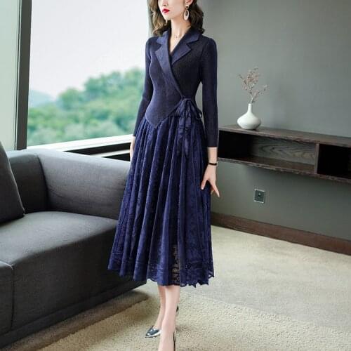 Velvet Long Dress 2021 Autumn New Light Luxury Design Suit Collar Pleated 4/5 Sleeve Office Lady Chic Fake Two Piece Dress