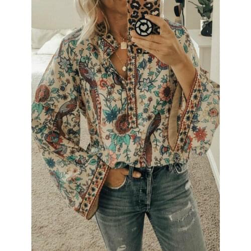 2019 New Casual Womens Boho Floral Blouses Women Summer Autumn Loose O-neck Long Sleeve Peacock Print Blouses