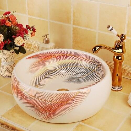 Feather pattern porcelain bathroom vanity bathroom sink bowl countertop Ceramic wash basin bathroom sink