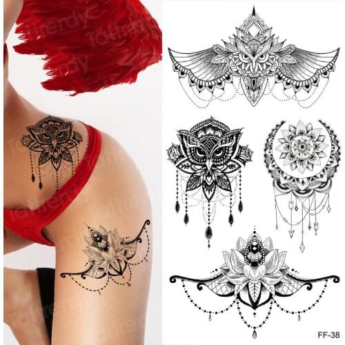 Big Arm Owl Fake Tattoo Temporary Mandala Flower Henna India Tatoo Stickers for women girls black Sketch mehndi rose flowers