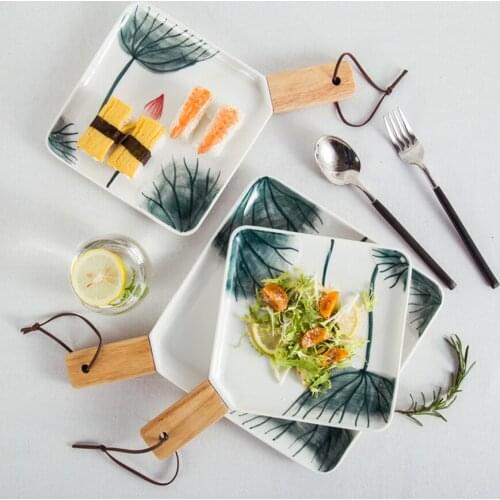 MUZITY Ceramic Plates With Wooden Handle Chinese Style Square Porcelain Dish Plate Creative Dinner Set