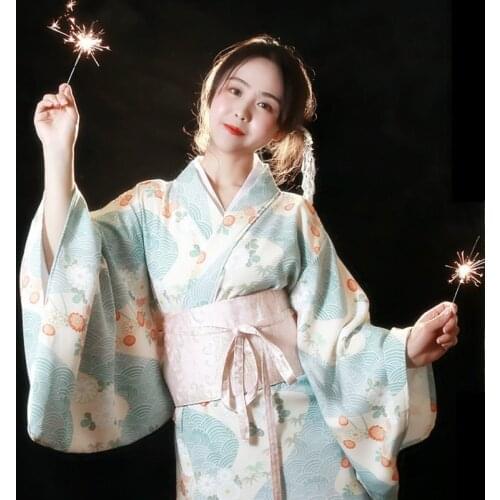 Womens Japanese Traditional Summer Kimono with Obi Beautiful Daisy Prints Lady Yukata Cosplay Wear Stage Performance Dress