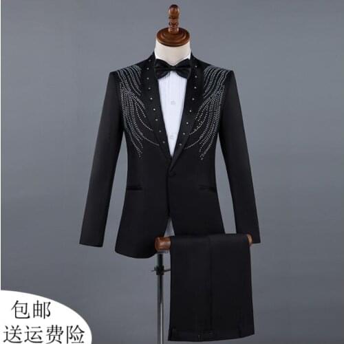 Singer star style dance stage clothing for men groom suit set with pants mens wedding suits personality Diamond formal dress tie