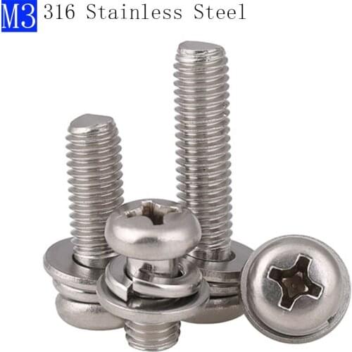 M3 - 0.5 316 Stainless Steel Round Head Phillips Screws + Flat Spring Washer SEM A4 - 70 bolts